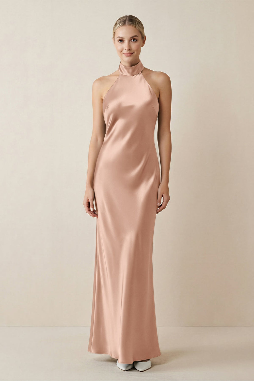 Halter Sheath Satin Bridesmaid Dress in Champagne Rose