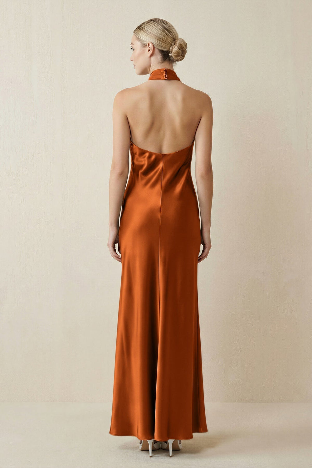 Halter Sheath Satin Bridesmaid Dress in Cinnamon