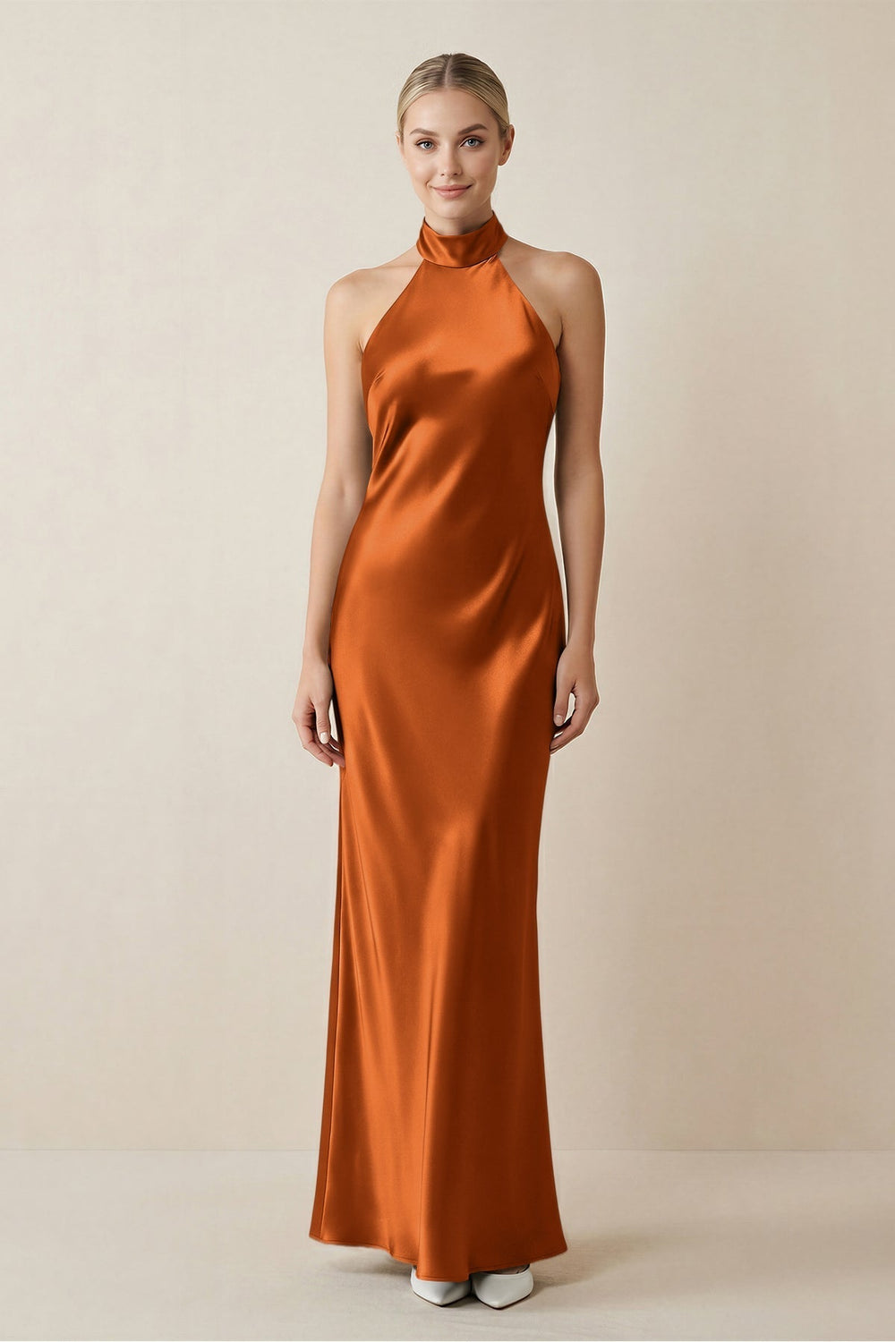Halter Sheath Satin Bridesmaid Dress in Cinnamon
