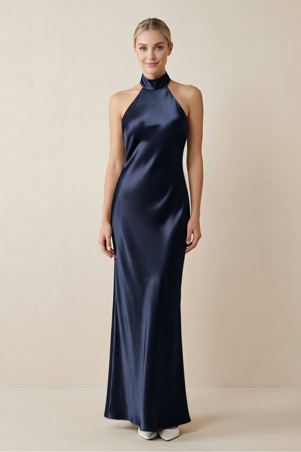 Halter Sheath Satin Bridesmaid Dress in Dark Navy