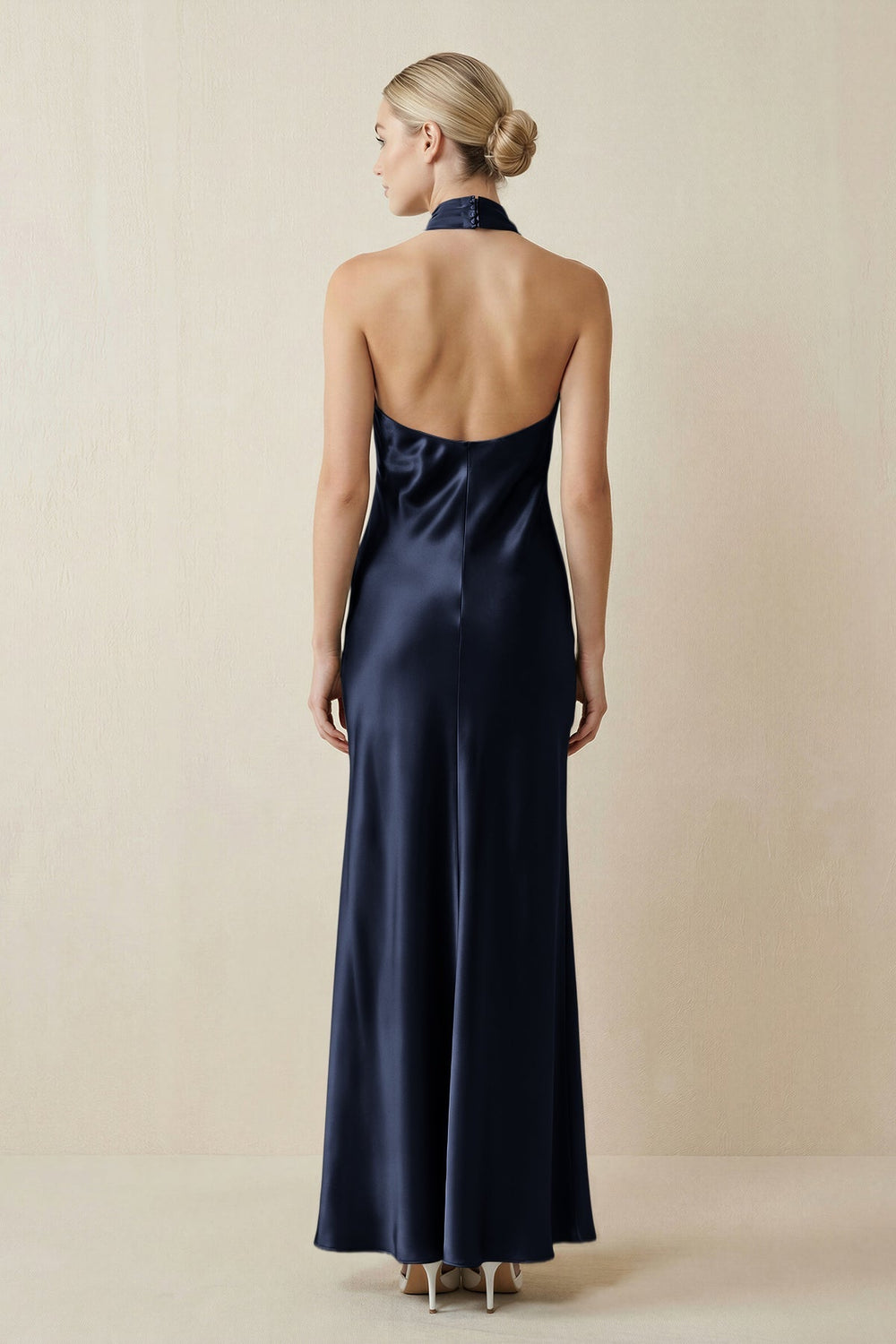 Halter Sheath Satin Bridesmaid Dress in Dark Navy