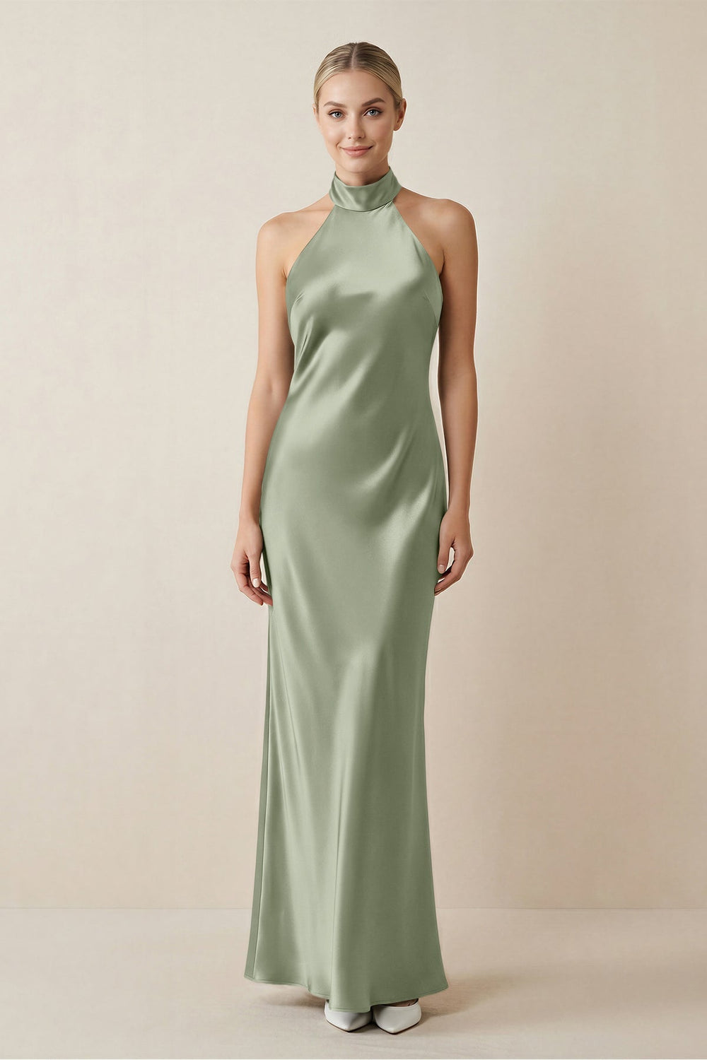 Halter Sheath Satin Bridesmaid Dress in Dove Gray