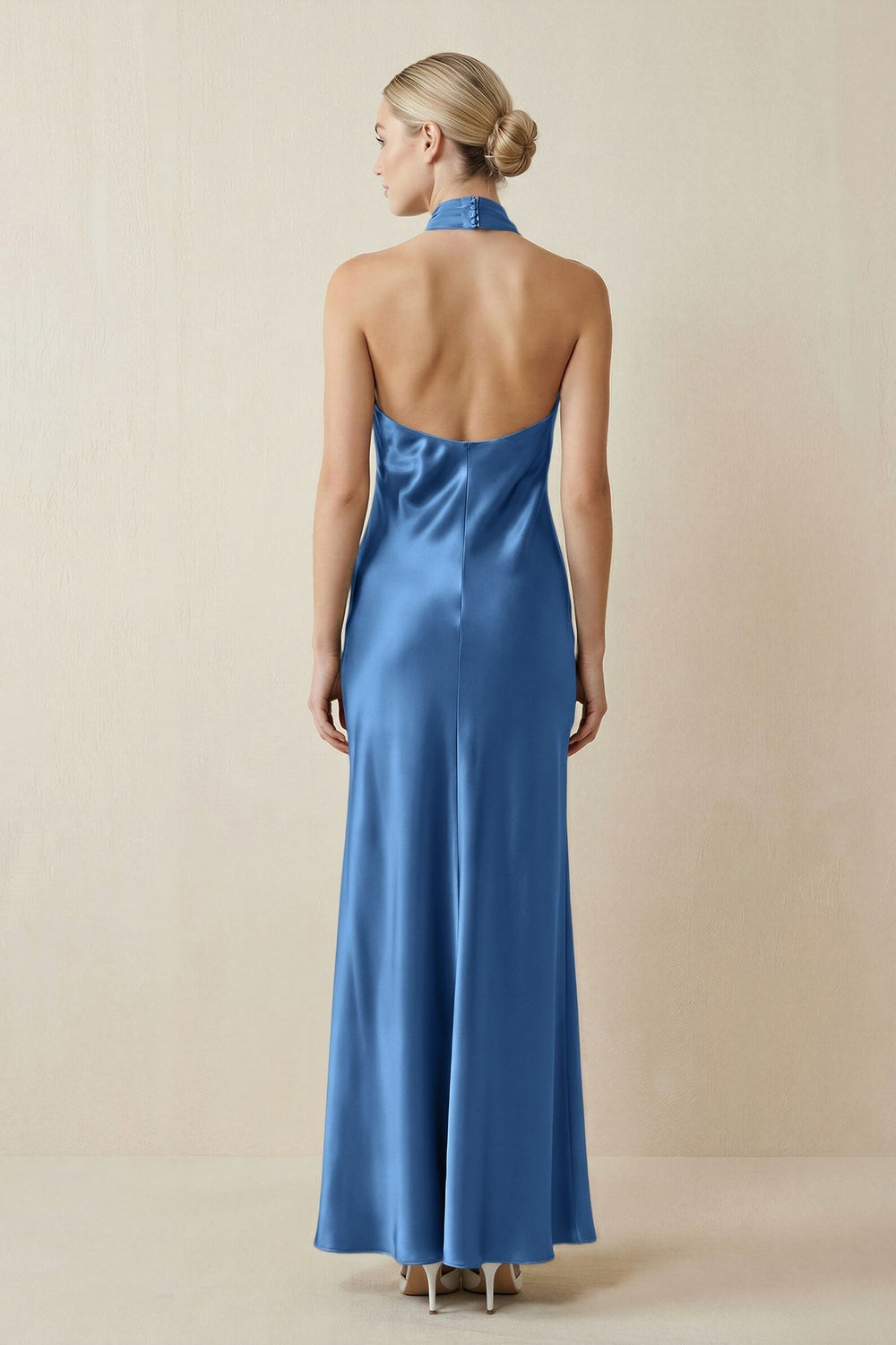 Halter Sheath Satin Bridesmaid Dress in Dusty Blue