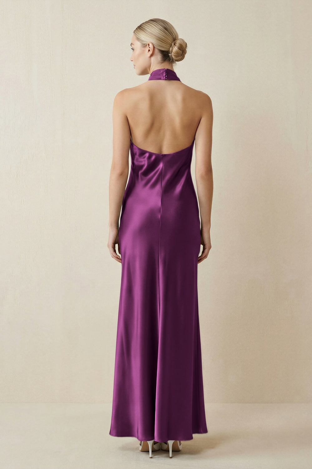 Halter Sheath Satin Bridesmaid Dress in Fig