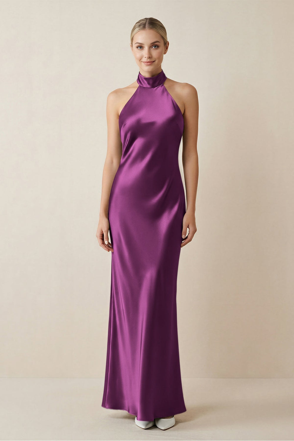 Halter Sheath Satin Bridesmaid Dress in Fig