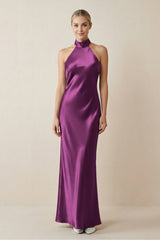 Halter Sheath Satin Bridesmaid Dress in Fig - KISS BRIDAL Bridesmaid Dresses