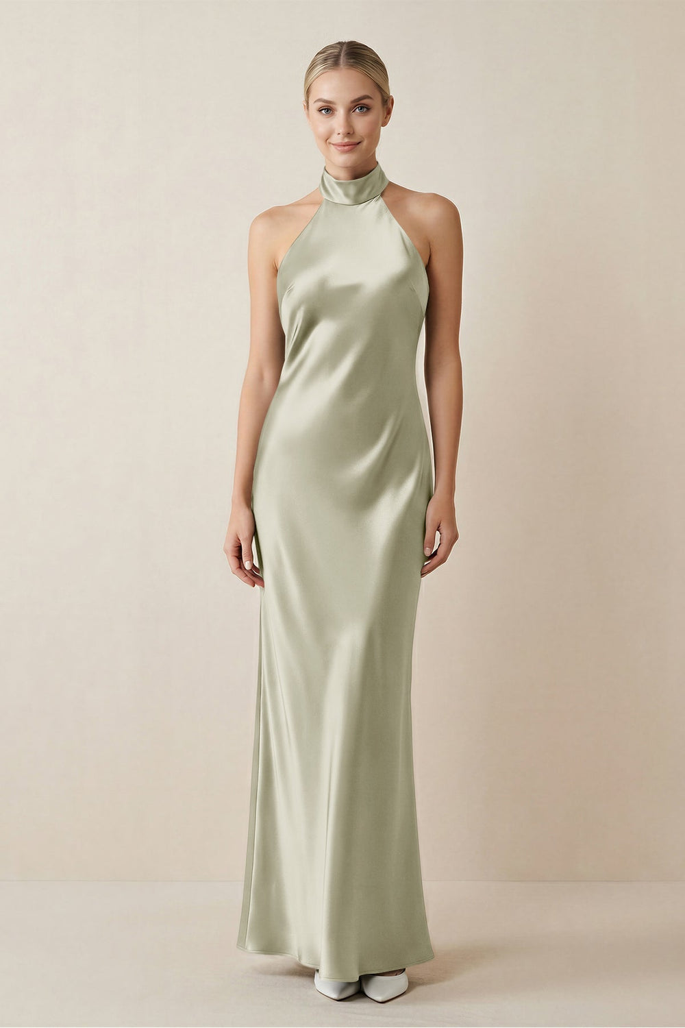 Halter Sheath Satin Bridesmaid Dress in Frost
