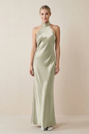 Halter Sheath Satin Bridesmaid Dress in Frost - KISS BRIDAL Bridesmaid Dresses