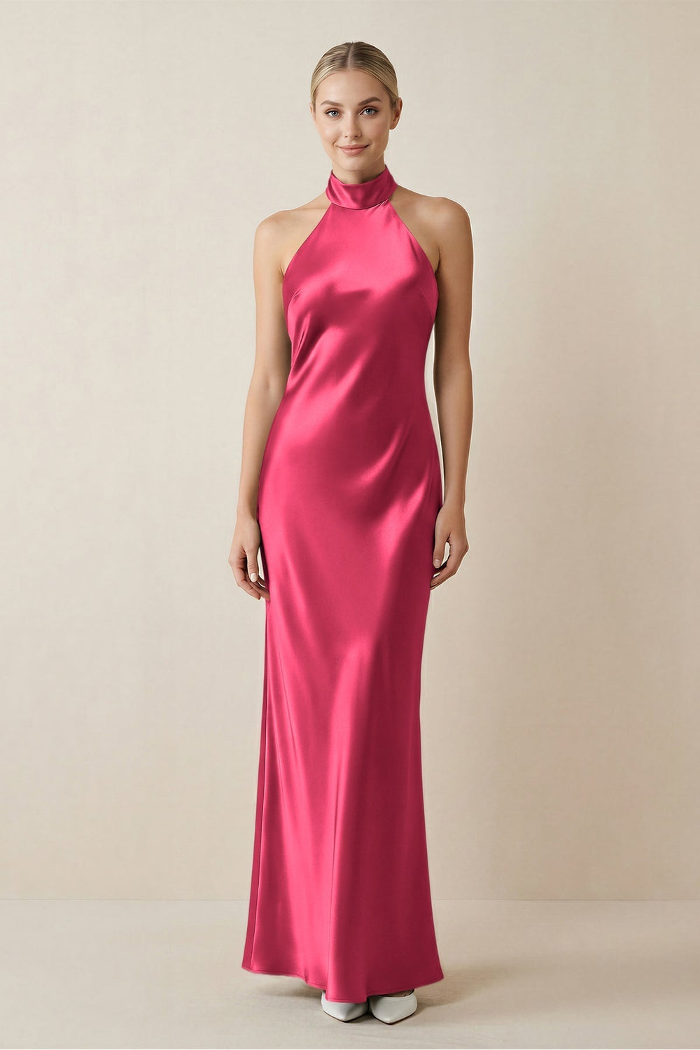 Halter Sheath Satin Bridesmaid Dress in Fuchsia