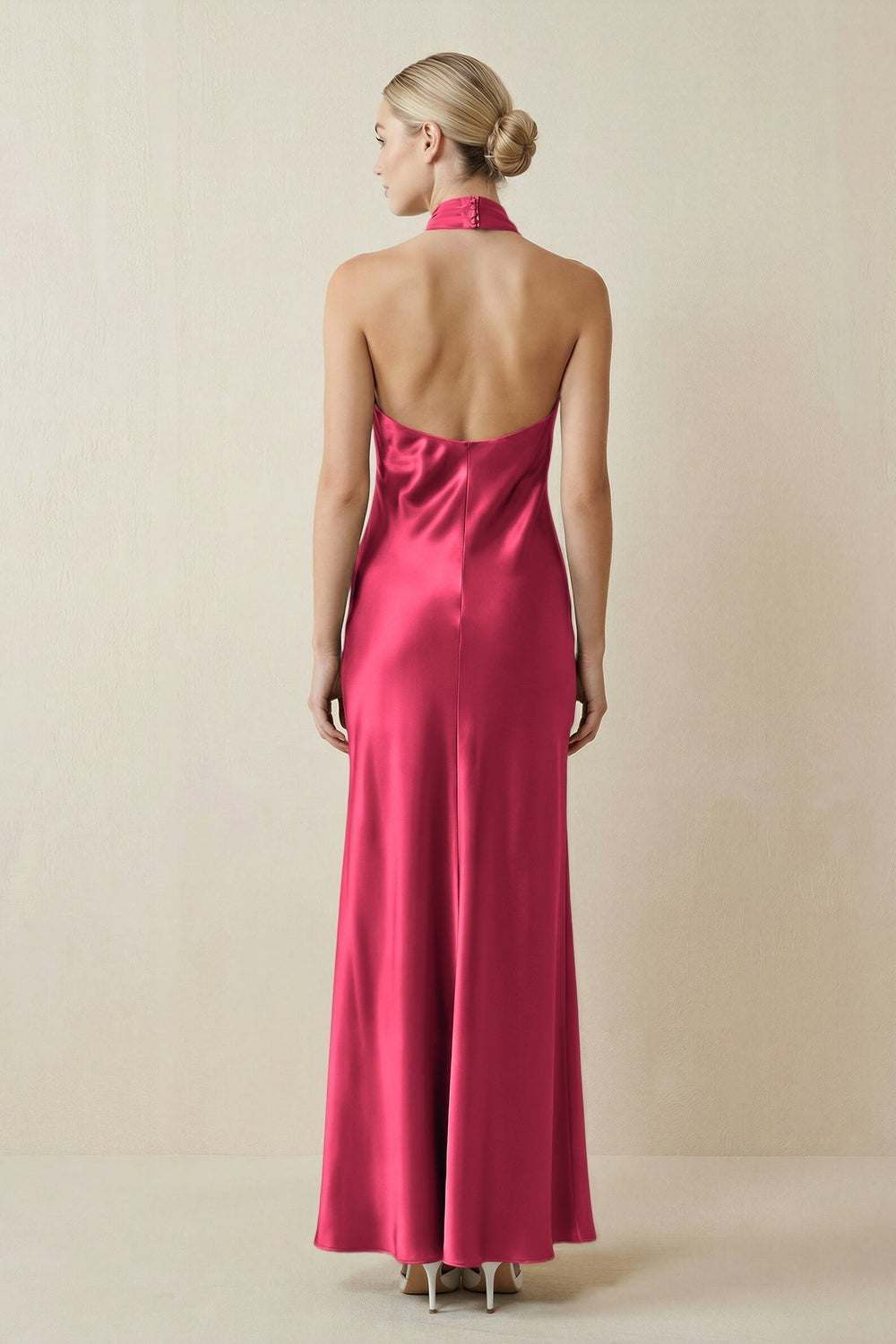 Halter Sheath Satin Bridesmaid Dress in Fuchsia