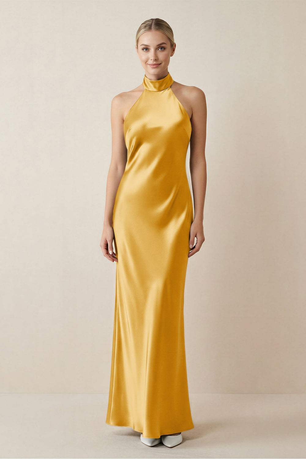 Halter Sheath Satin Bridesmaid Dress in Gold