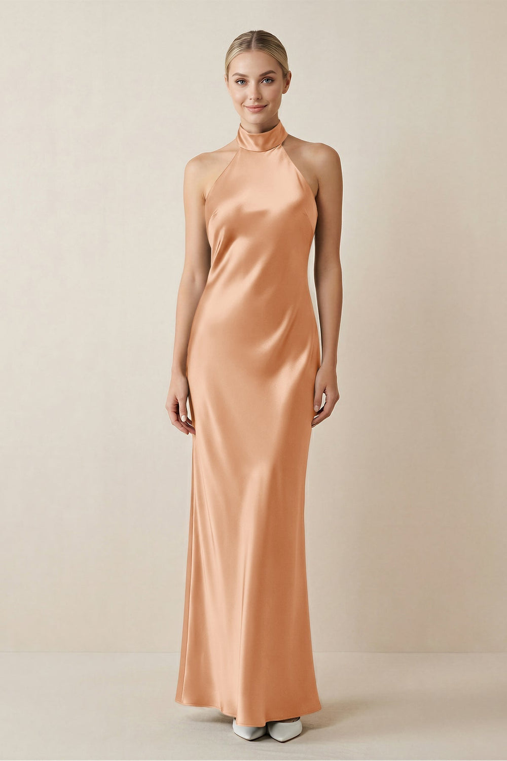 Halter Sheath Satin Bridesmaid Dress in Golden Champagne