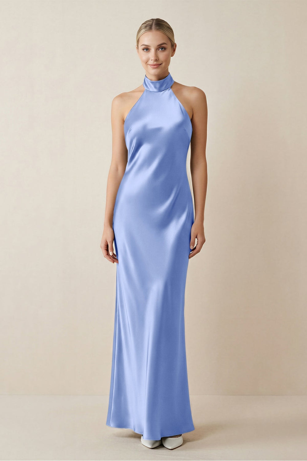 Halter Sheath Satin Bridesmaid Dress in Ice