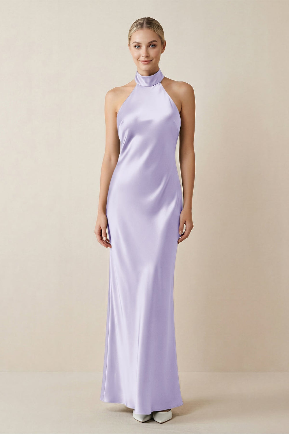 Halter Sheath Satin Bridesmaid Dress in Lavender