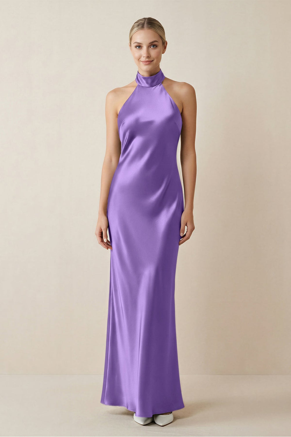 Halter Sheath Satin Bridesmaid Dress in Lilac