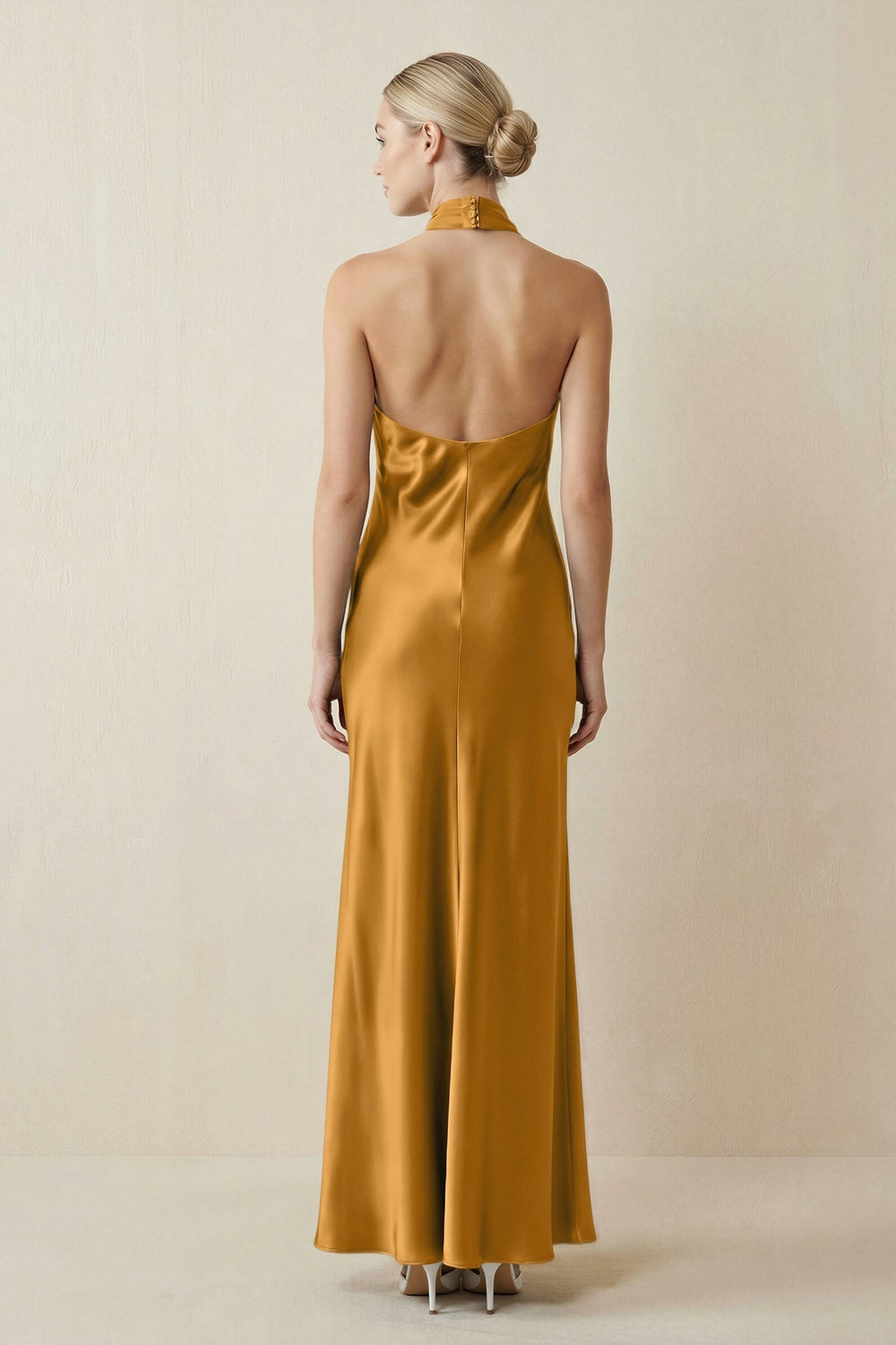 Halter Sheath Satin Bridesmaid Dress in Marigold