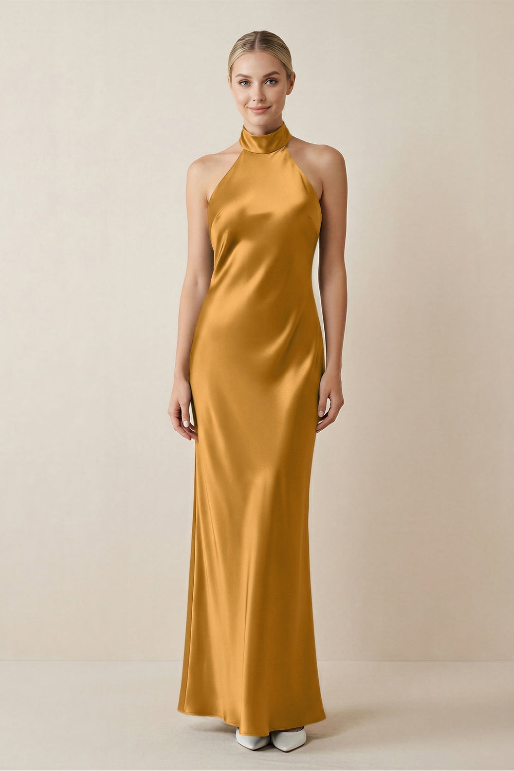 Halter Sheath Satin Bridesmaid Dress in Marigold