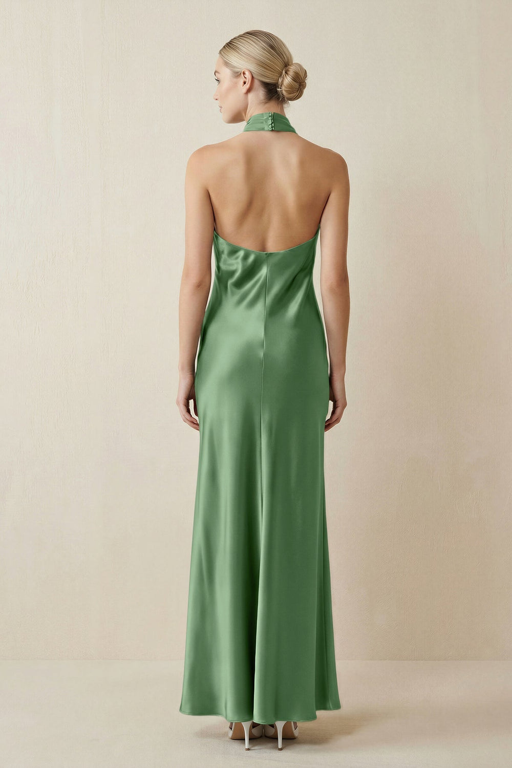 Halter Sheath Satin Bridesmaid Dress in Matcha
