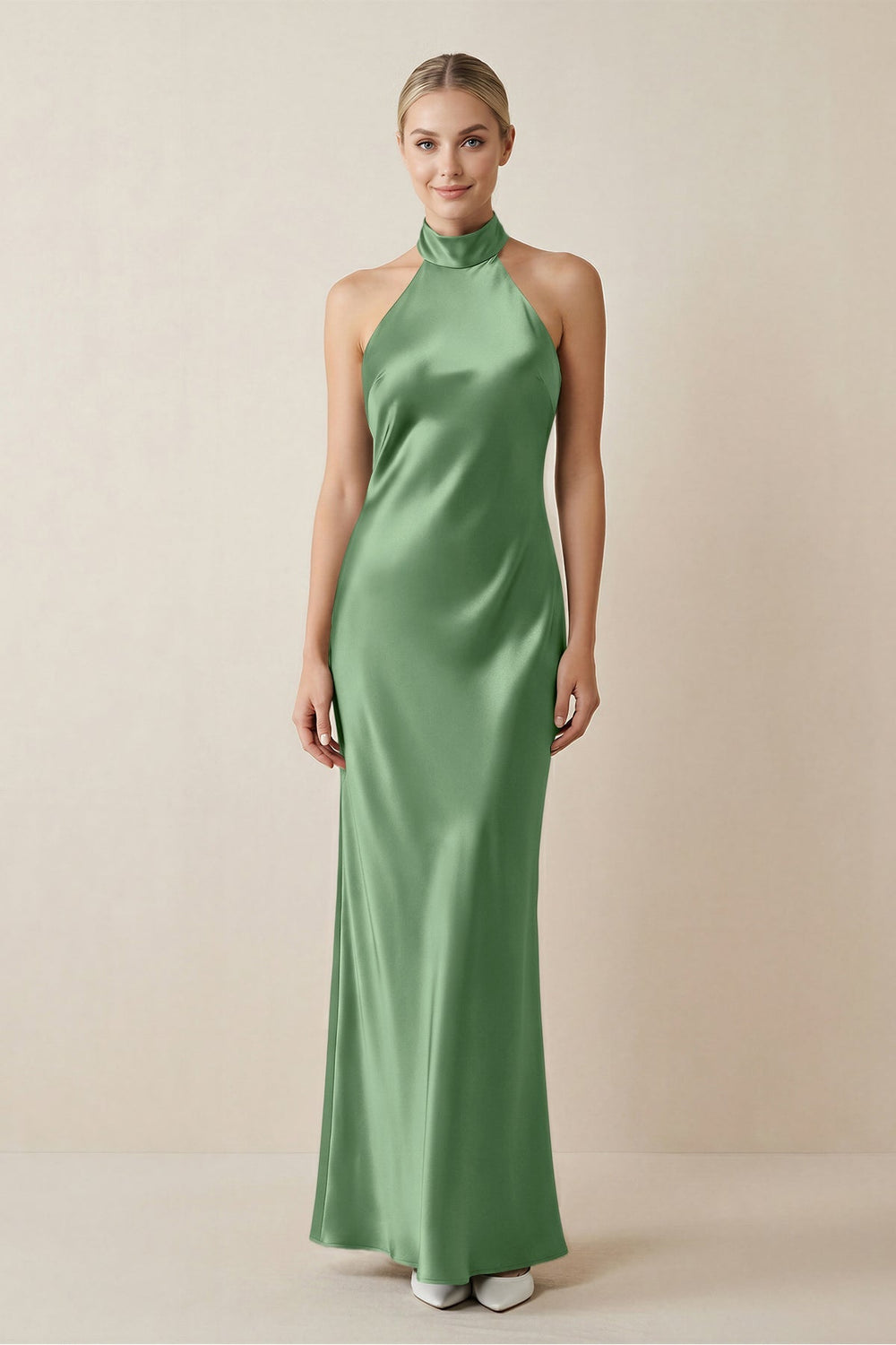 Halter Sheath Satin Bridesmaid Dress in Matcha