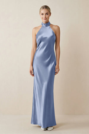 Halter Sheath Satin Bridesmaid Dress in Mist - KISS BRIDAL Bridesmaid Dresses