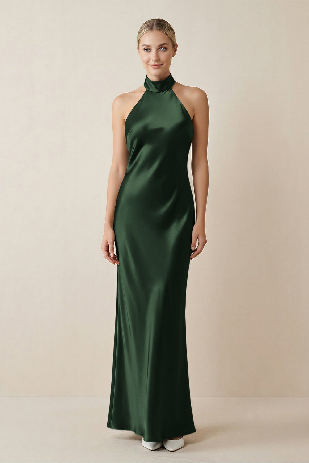 Halter Sheath Satin Bridesmaid Dress in Moss