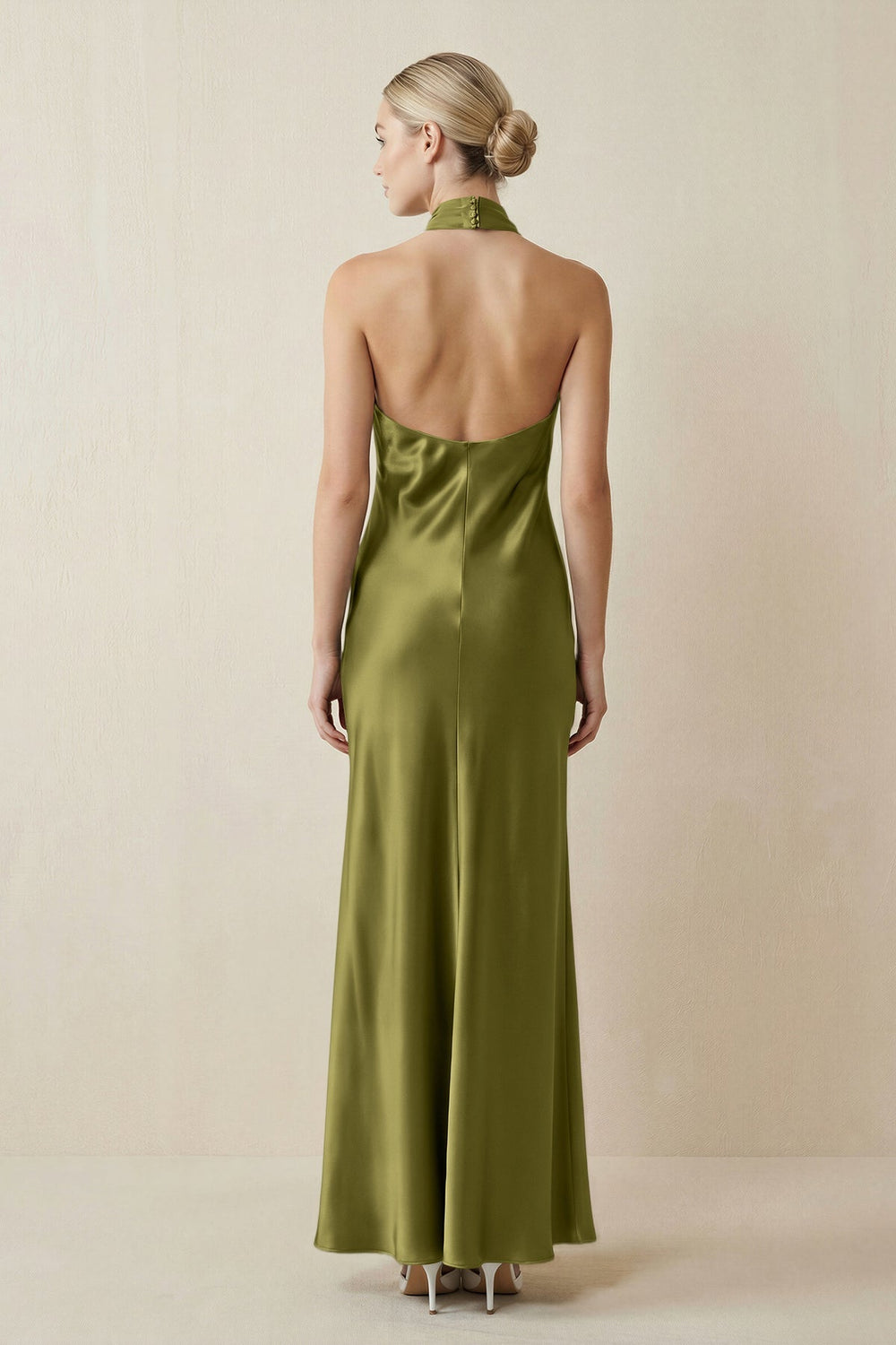 Halter Sheath Satin Bridesmaid Dress in Moss Green