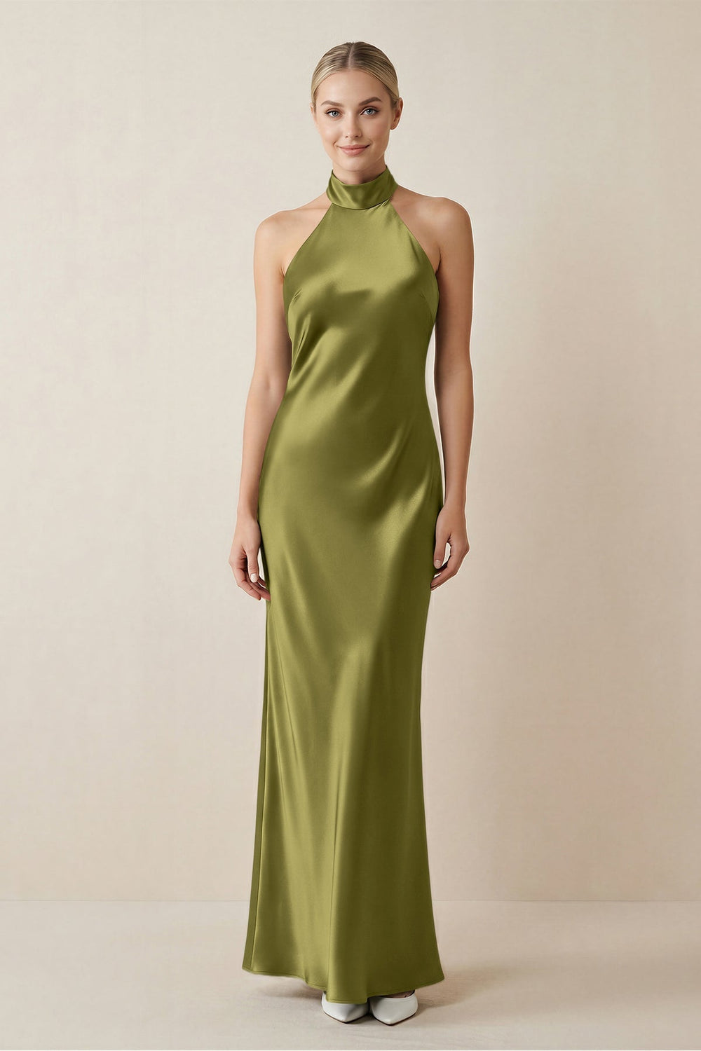 Halter Sheath Satin Bridesmaid Dress in Moss Green
