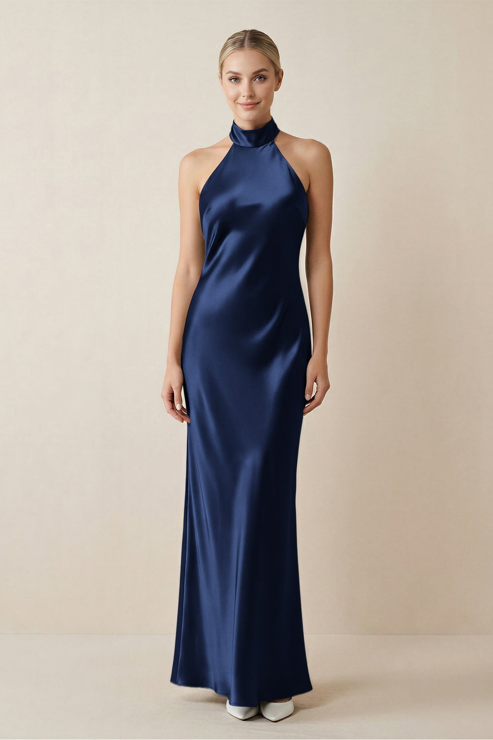Halter Sheath Satin Bridesmaid Dress in Navy