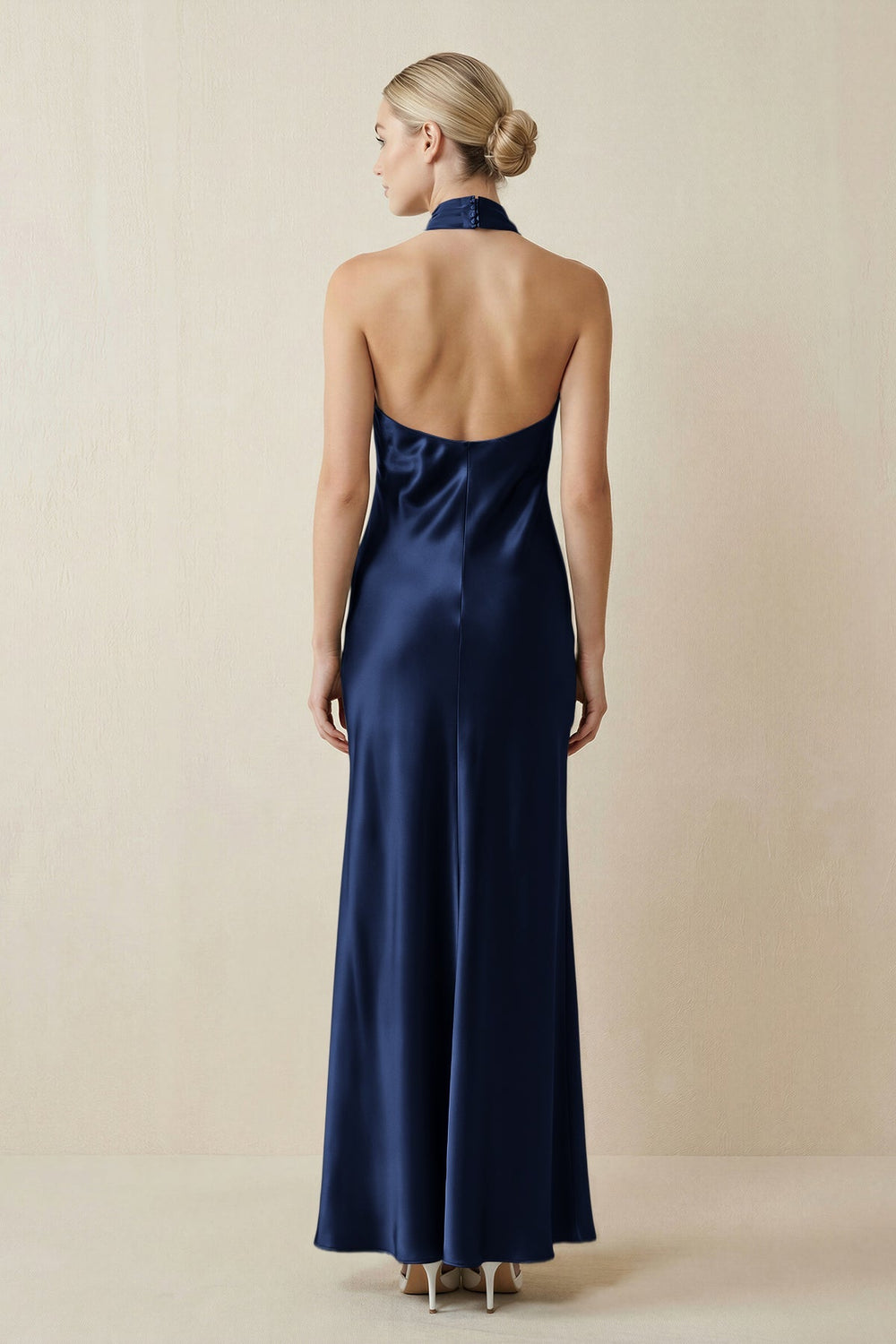 Halter Sheath Satin Bridesmaid Dress in Navy
