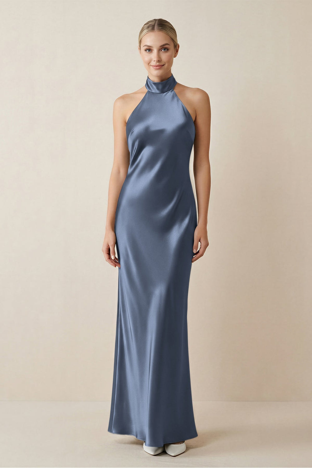 Halter Sheath Satin Bridesmaid Dress in Neptune