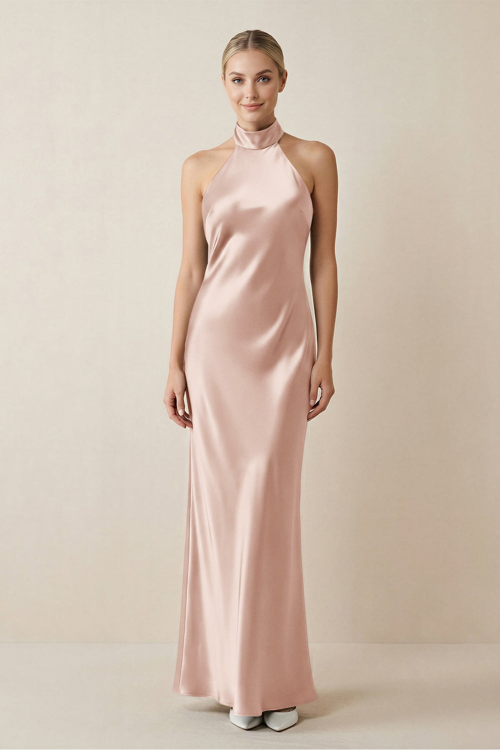 Halter Sheath Satin Bridesmaid Dress in Pale Blush