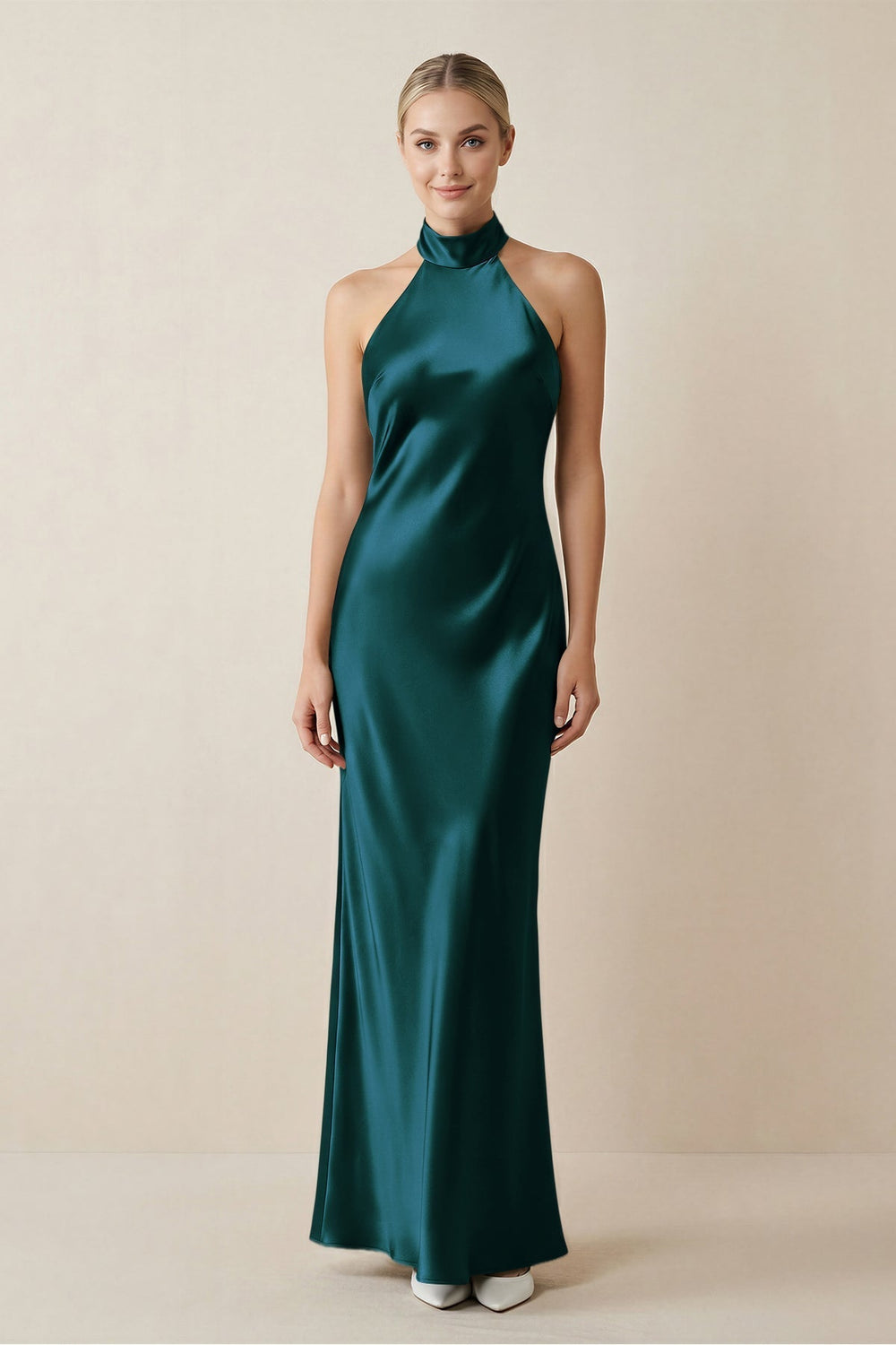 Halter Sheath Satin Bridesmaid Dress in Pine