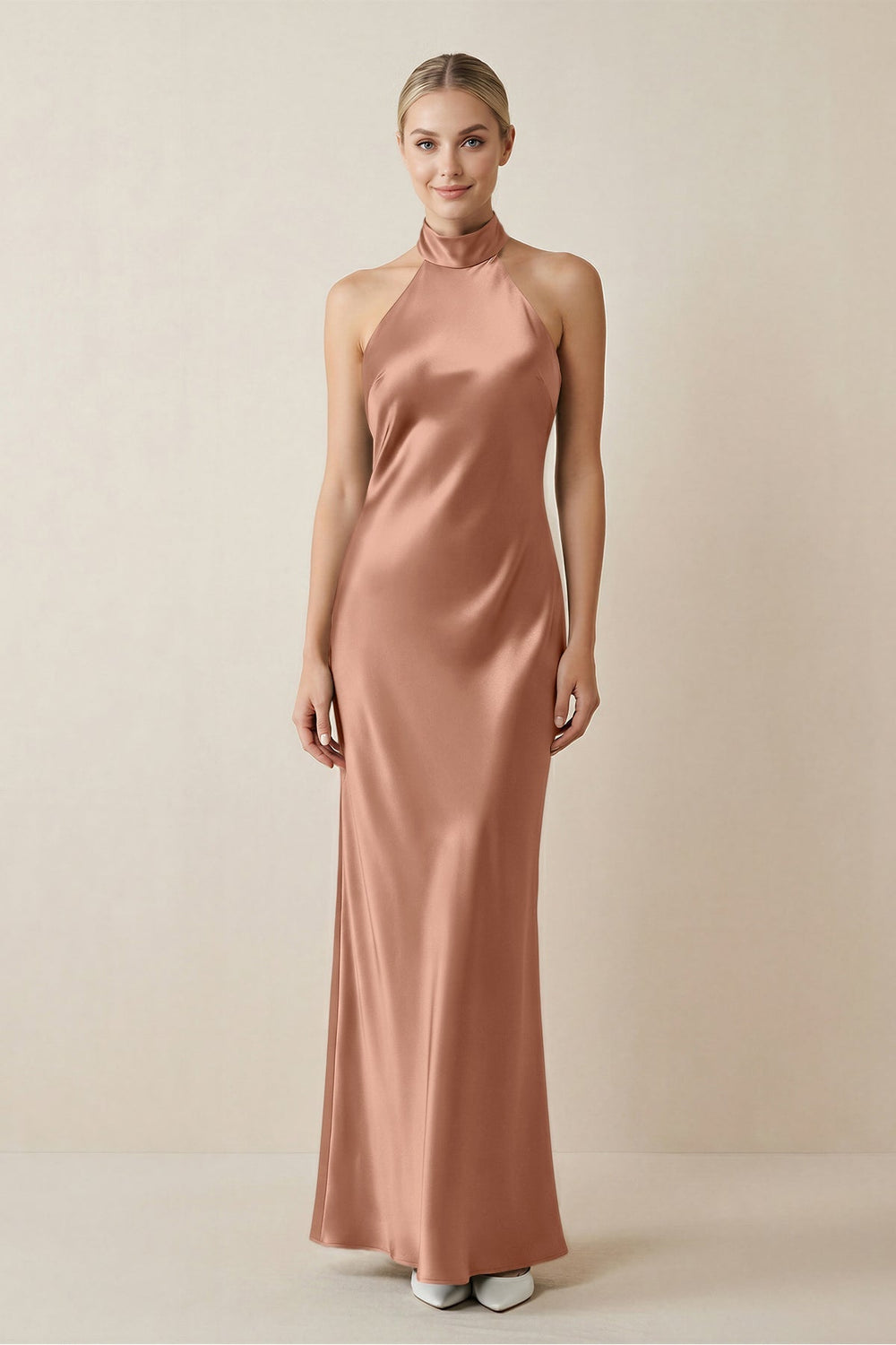 Halter Sheath Satin Bridesmaid Dress in Rosette