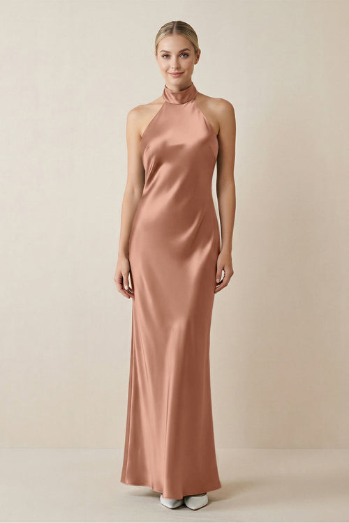Halter Sheath Satin Bridesmaid Dress in Rosette - KISS BRIDAL Bridesmaid Dresses