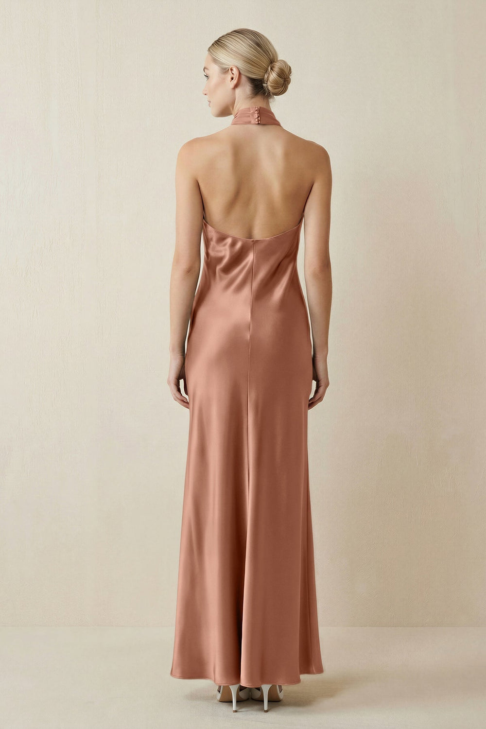 Halter Sheath Satin Bridesmaid Dress in Rosette