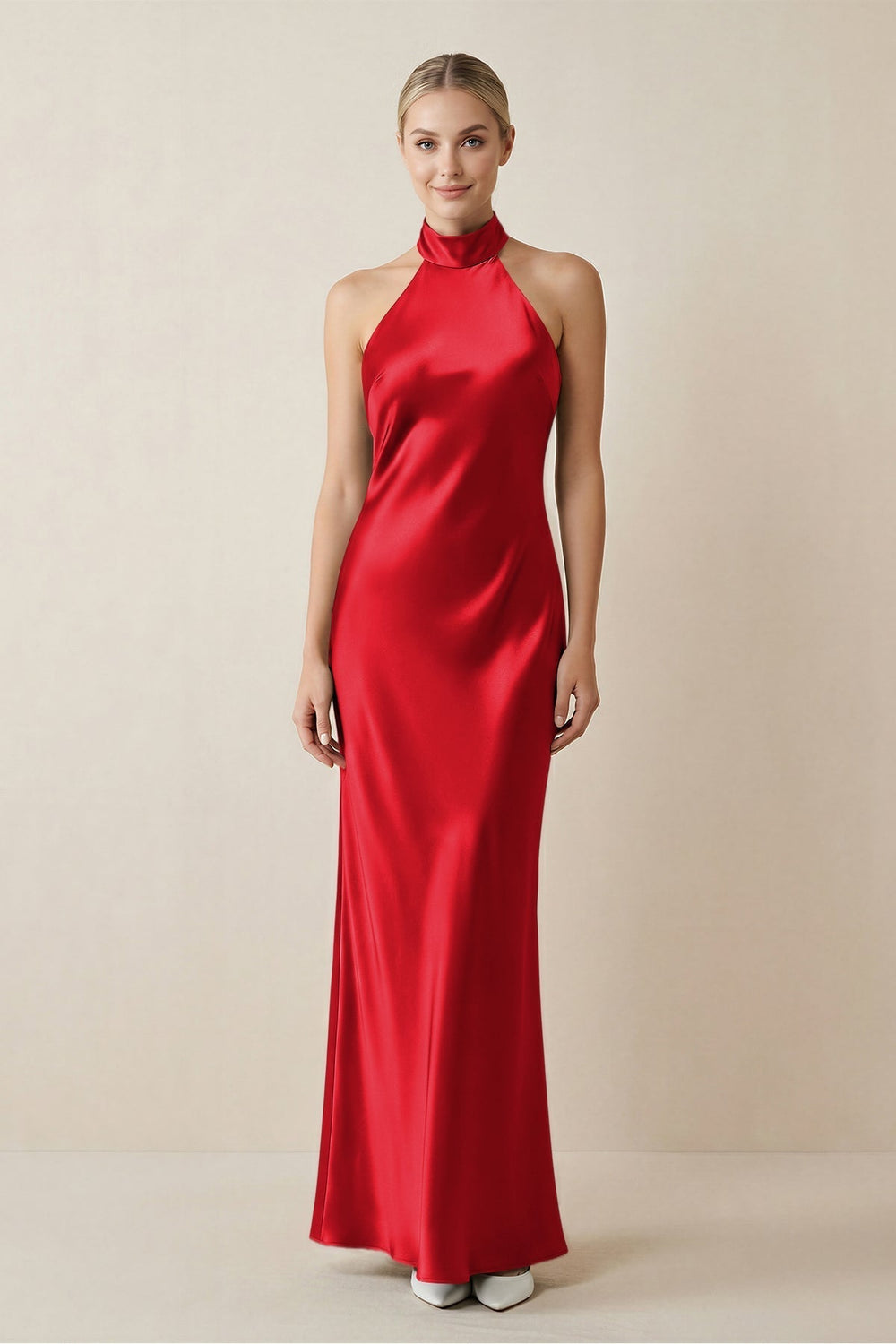 Halter Sheath Satin Bridesmaid Dress in Ruby Red