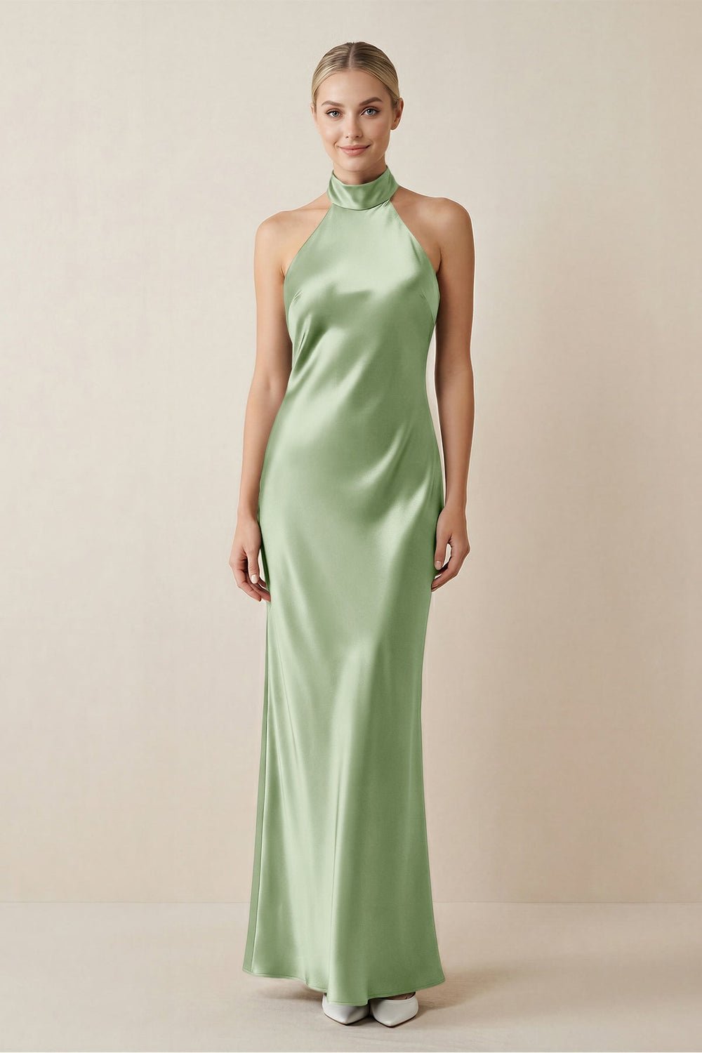 Halter Sheath Satin Bridesmaid Dress in Sage