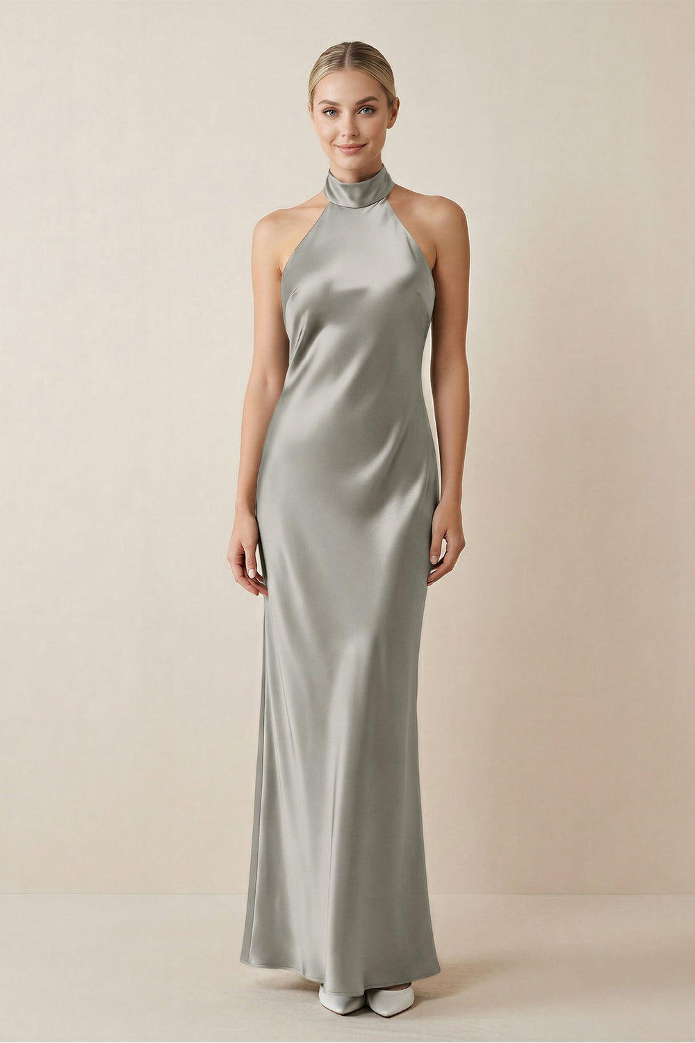 Halter Sheath Satin Bridesmaid Dress in Silver