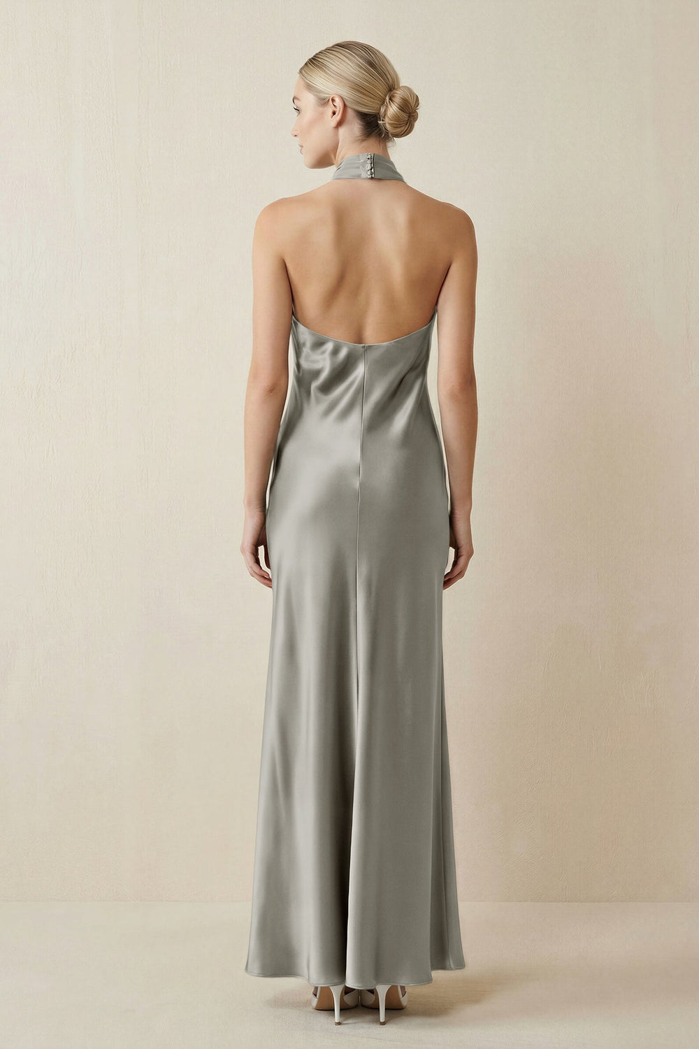 Halter Sheath Satin Bridesmaid Dress in Silver