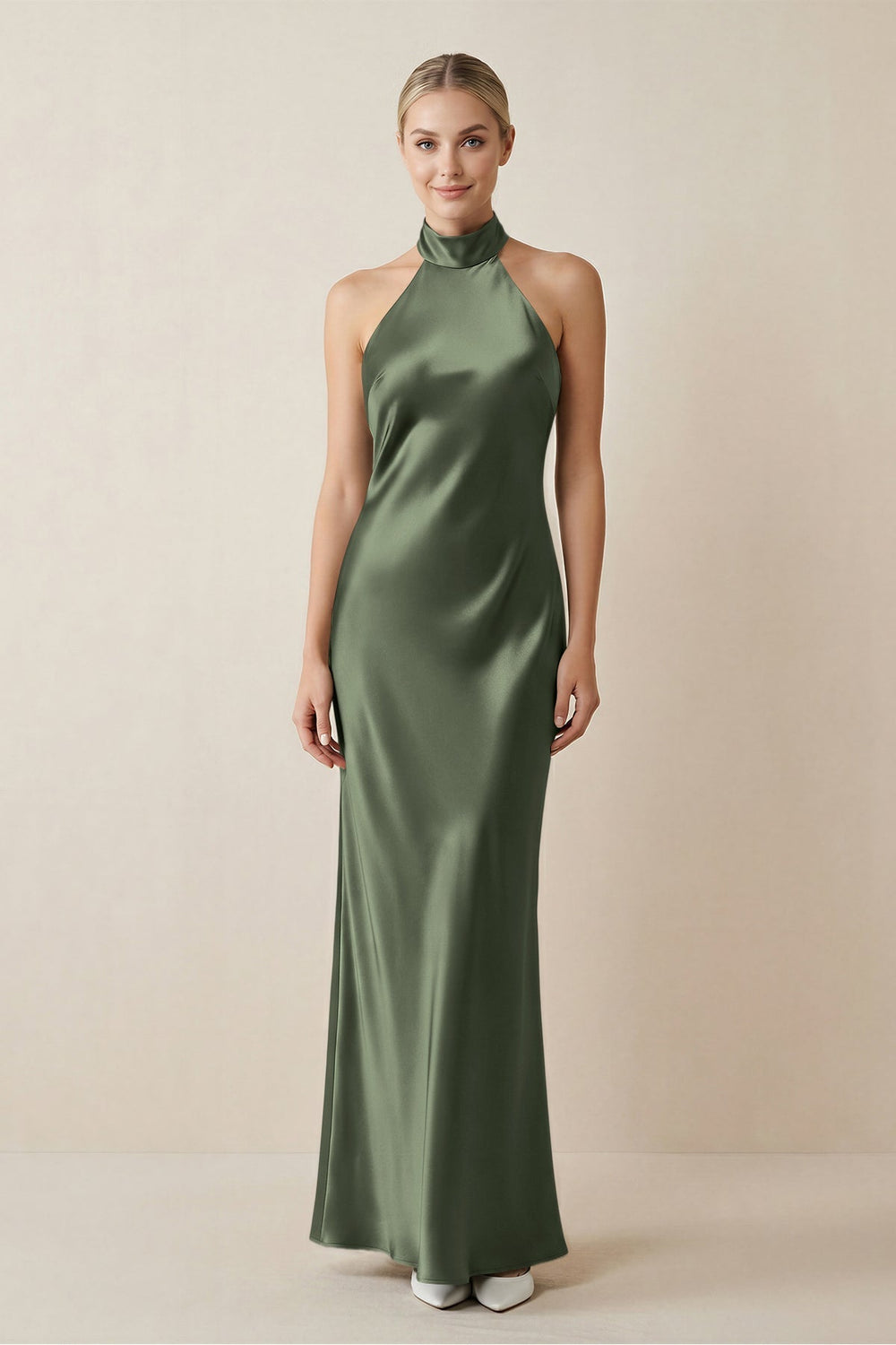 Halter Sheath Satin Bridesmaid Dress in Thyme