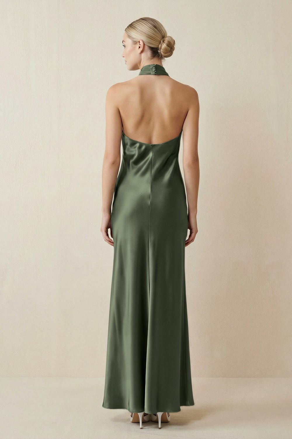 Halter Sheath Satin Bridesmaid Dress in Thyme