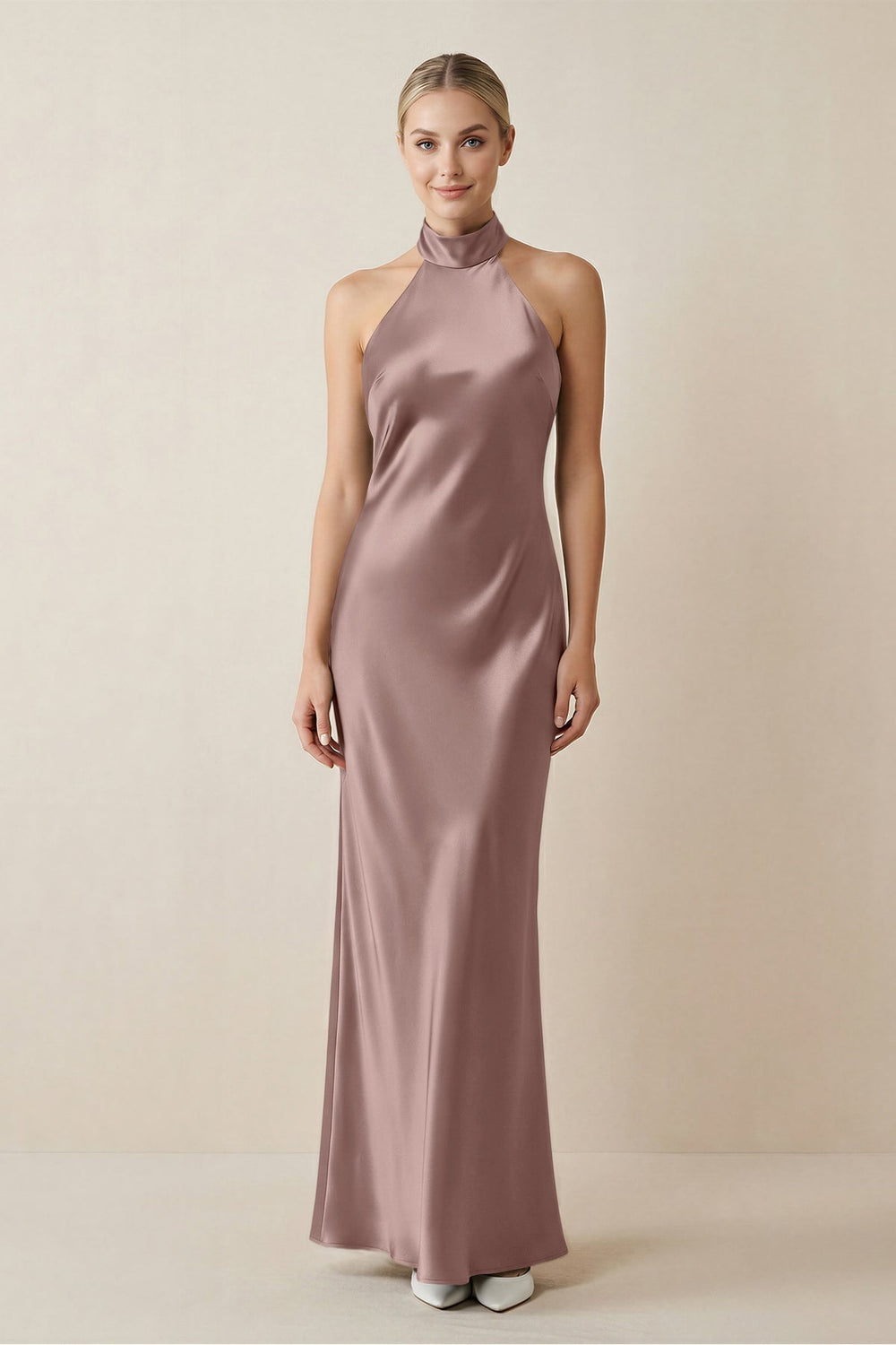 Halter Sheath Satin Bridesmaid Dress in Toffee