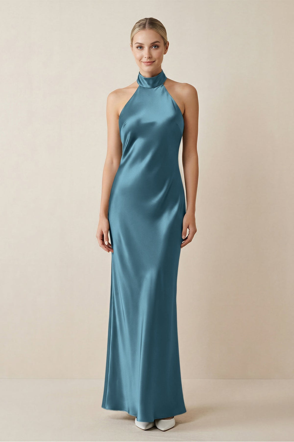 Halter Sheath Satin Bridesmaid Dress in Twilight