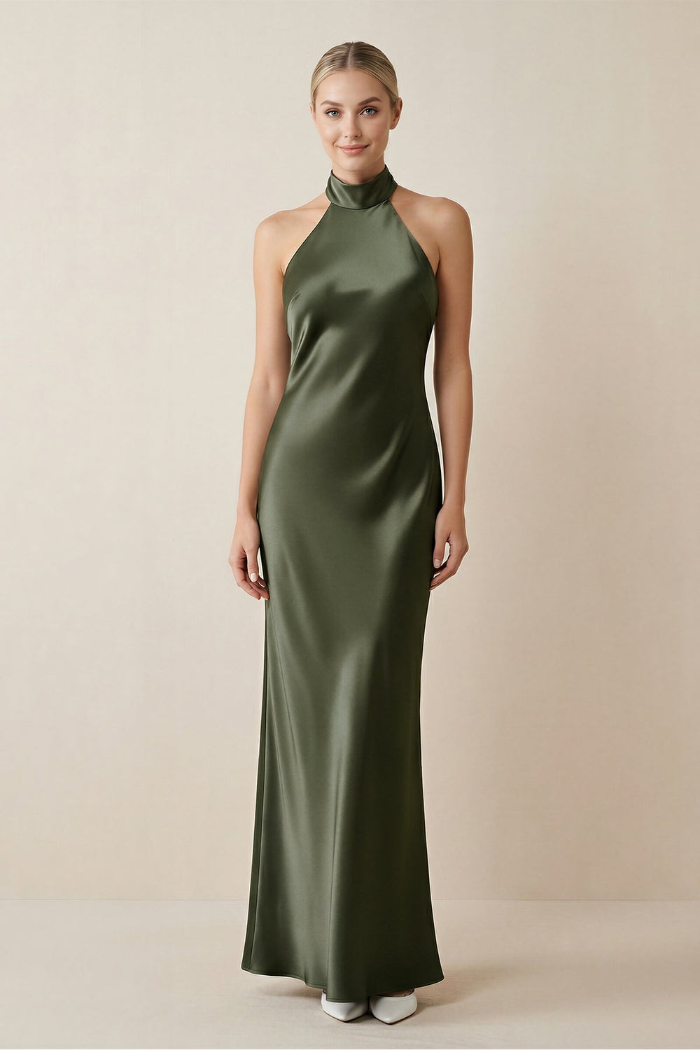 Halter Sheath Satin Bridesmaid Dress in Willow Green