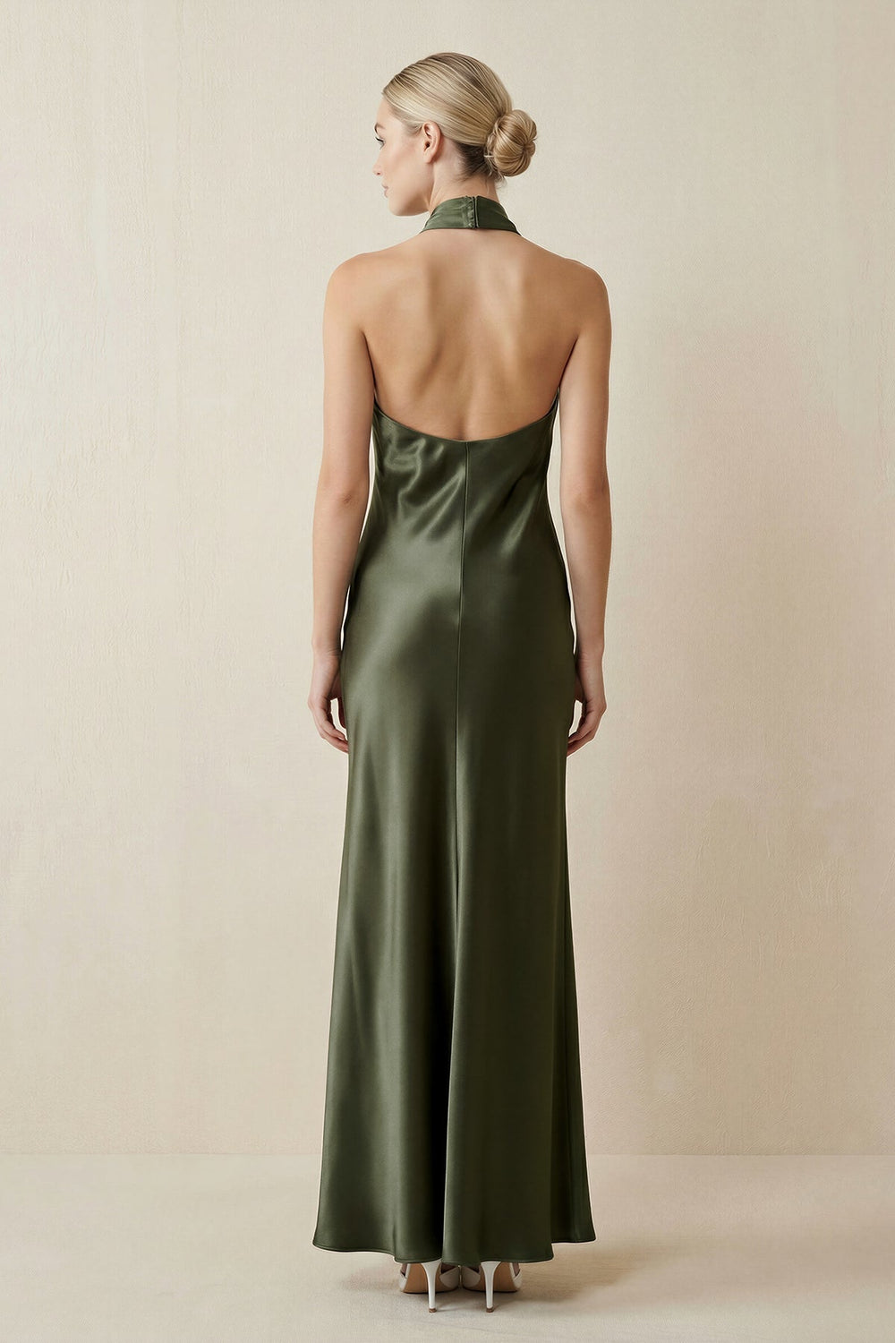 Halter Sheath Satin Bridesmaid Dress in Willow Green