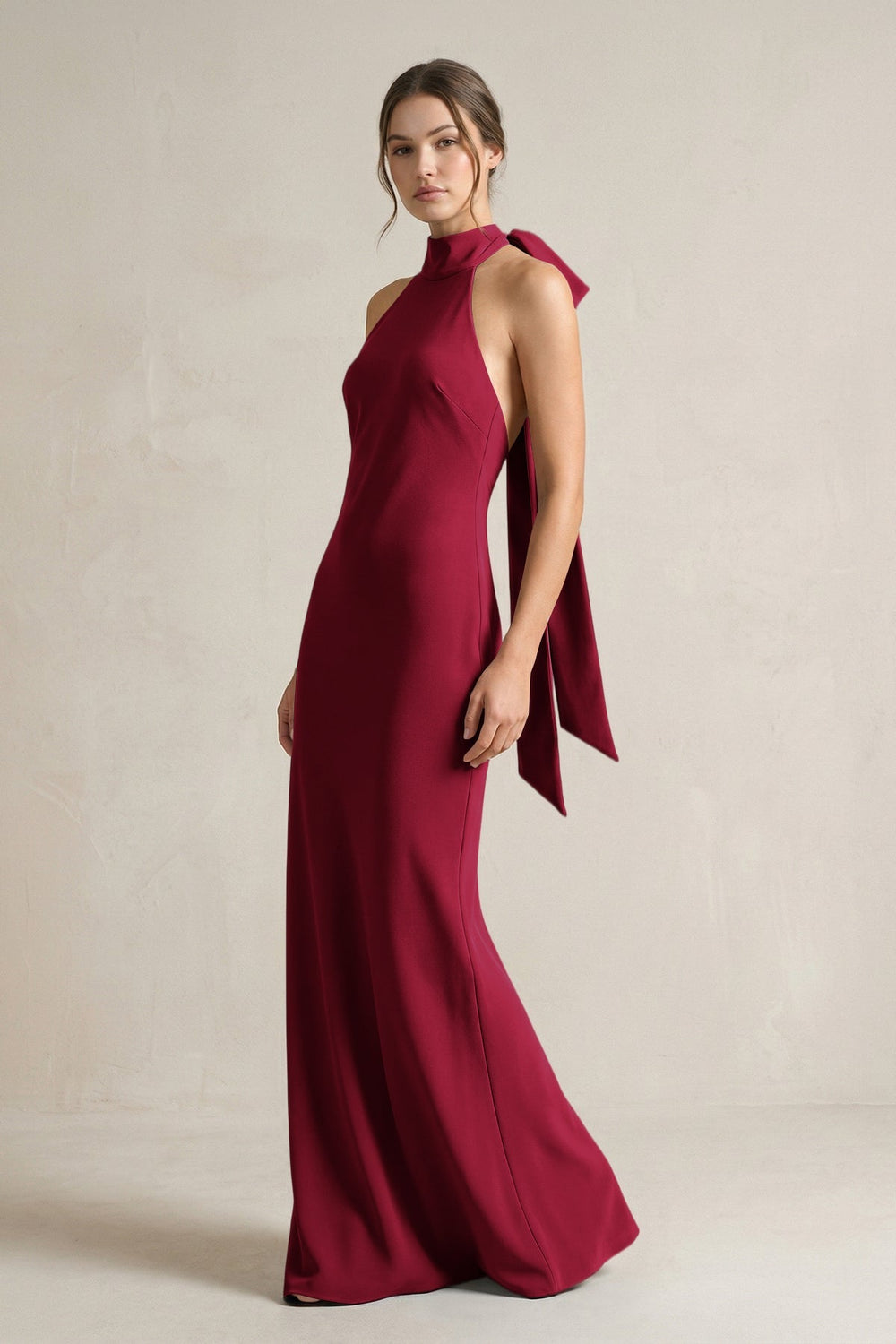 Halter Sheath Satin Bridesmaid Dress With Bow in Berry