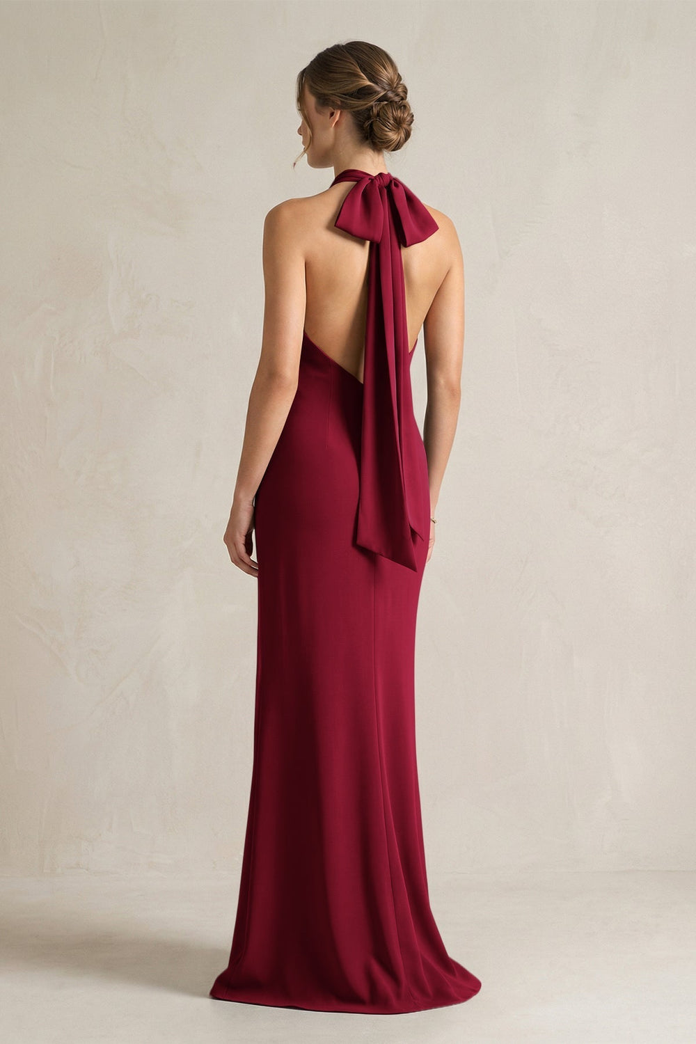 Halter Sheath Satin Bridesmaid Dress With Bow in Berry