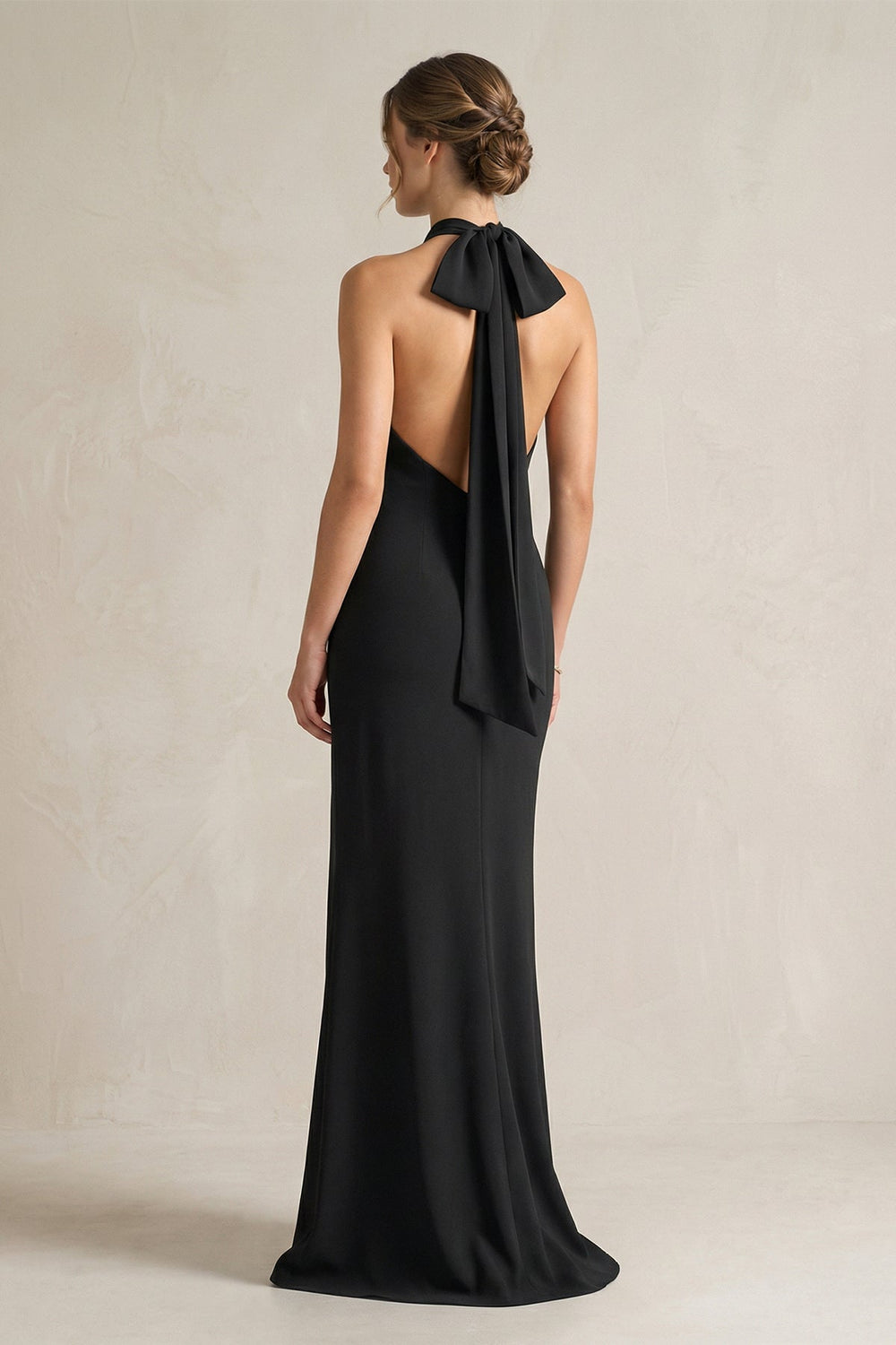 Halter Sheath Satin Bridesmaid Dress With Bow in Black