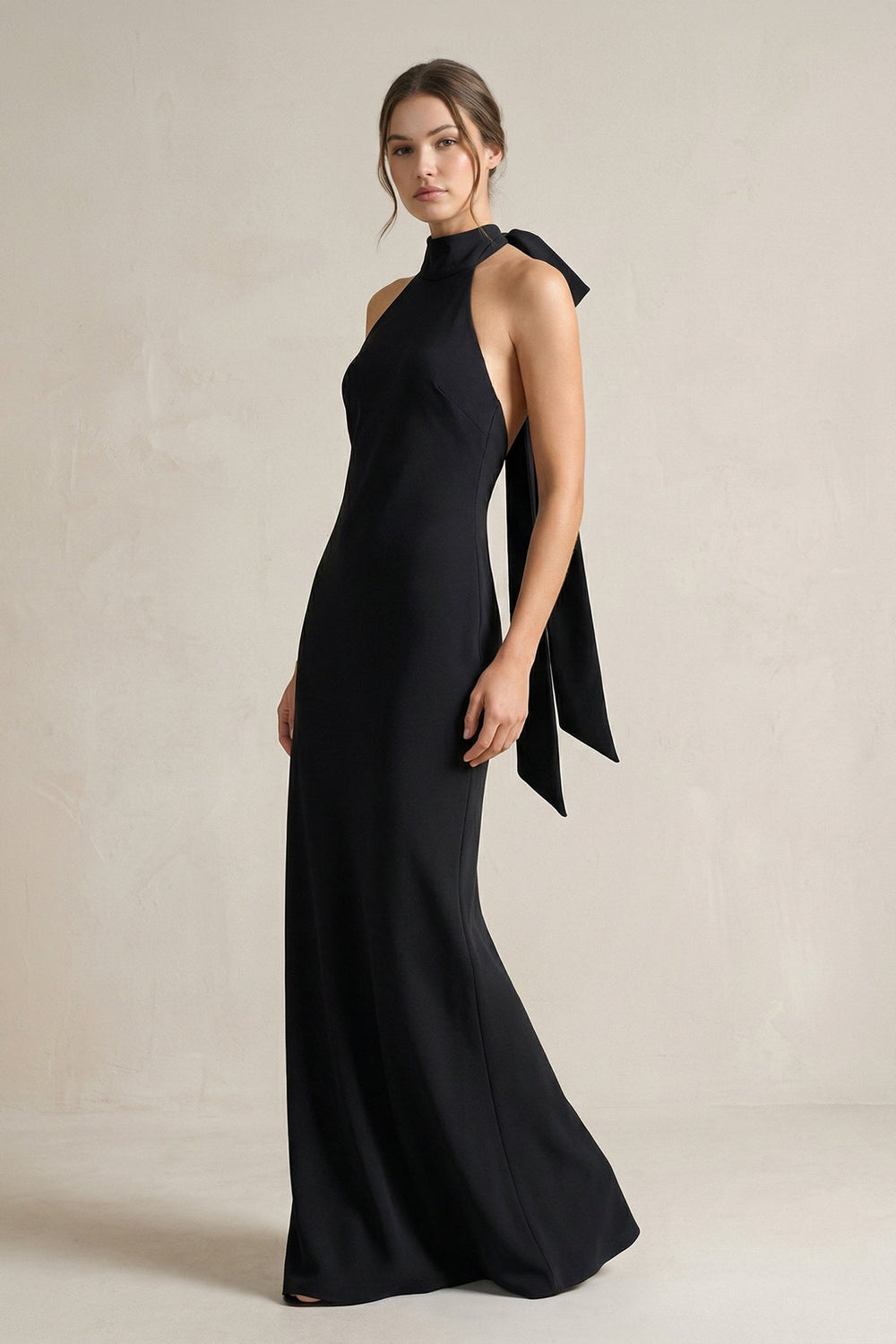 Halter Sheath Satin Bridesmaid Dress With Bow in Black