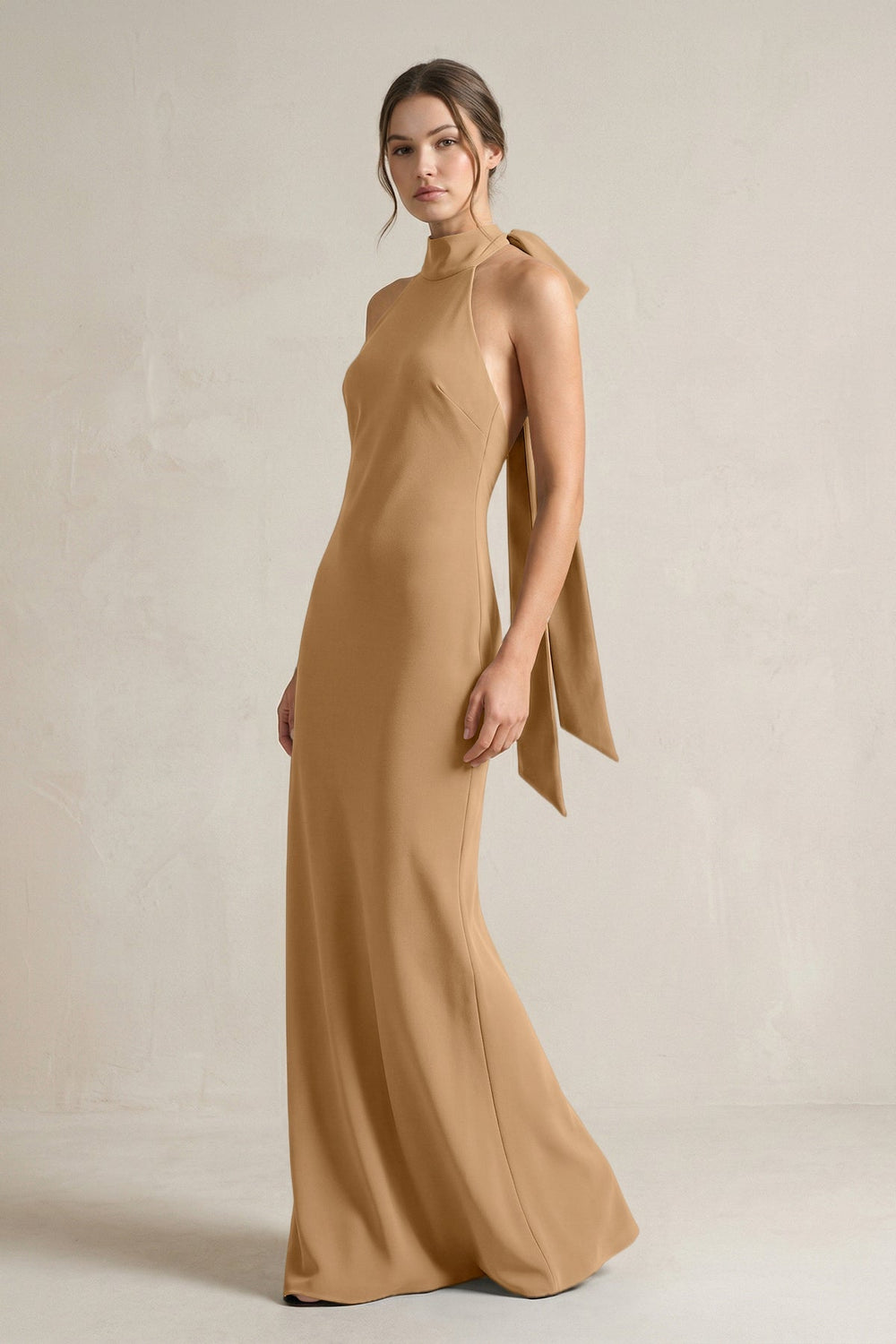 Halter Sheath Satin Bridesmaid Dress With Bow in Bronzer